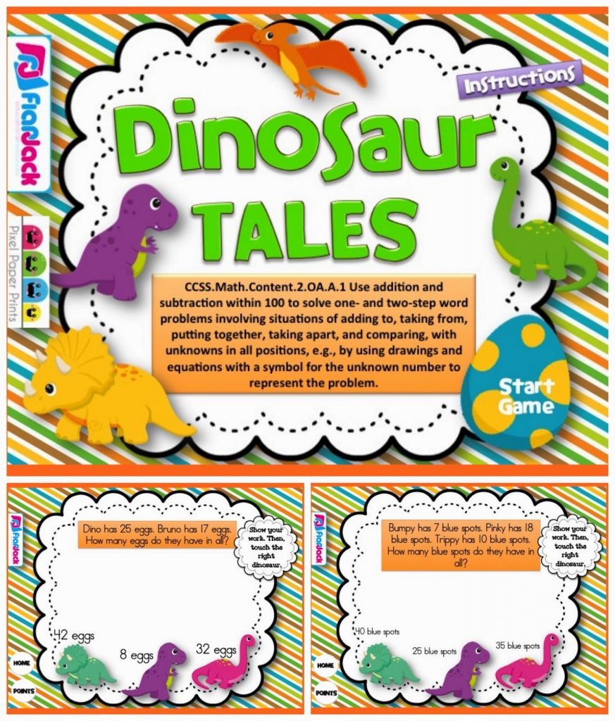 http://www.teacherspayteachers.com/Product/Dinosaur-Tales-Word-Problems-Smart-Board-Game-CCSS2OAA1-1232737