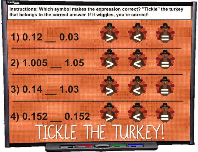 https://www.teacherspayteachers.com/Product/Tickle-the-Turkey-Decimals-Smart-Board-Practice-166741